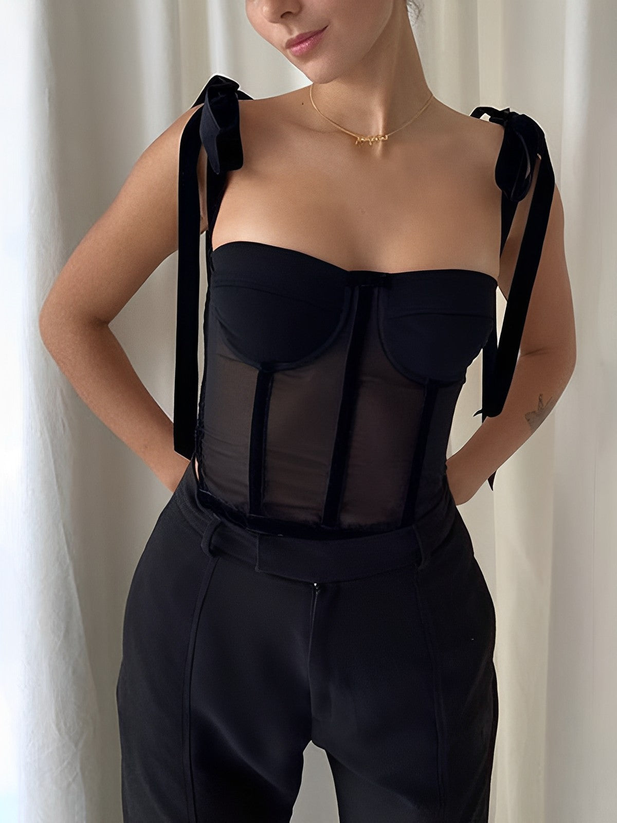 Women's Black Mesh Corset-Inspired Top — Fitted Evening Top for Special Occasions & Elegant Nights | Koossa