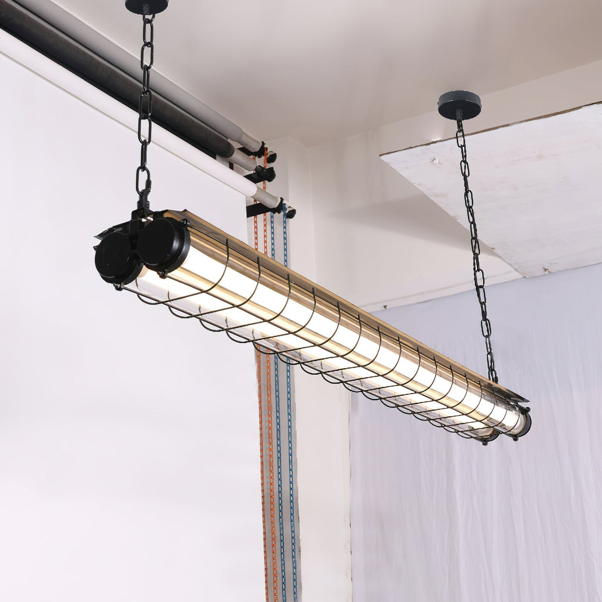 Horizontal Glass Cylinder Pendant Light with LED Strips – Metal Body, 48 in Long, Modern Industrial for Dining Room Kitchen Island | Lonoma