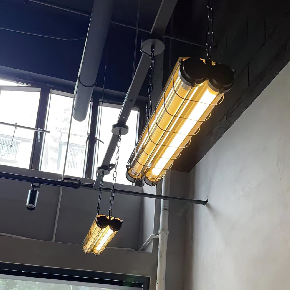Horizontal Glass Cylinder Pendant Light with LED Strips – Metal Body, 48 in Long, Modern Industrial for Dining Room Kitchen Island | Lonoma