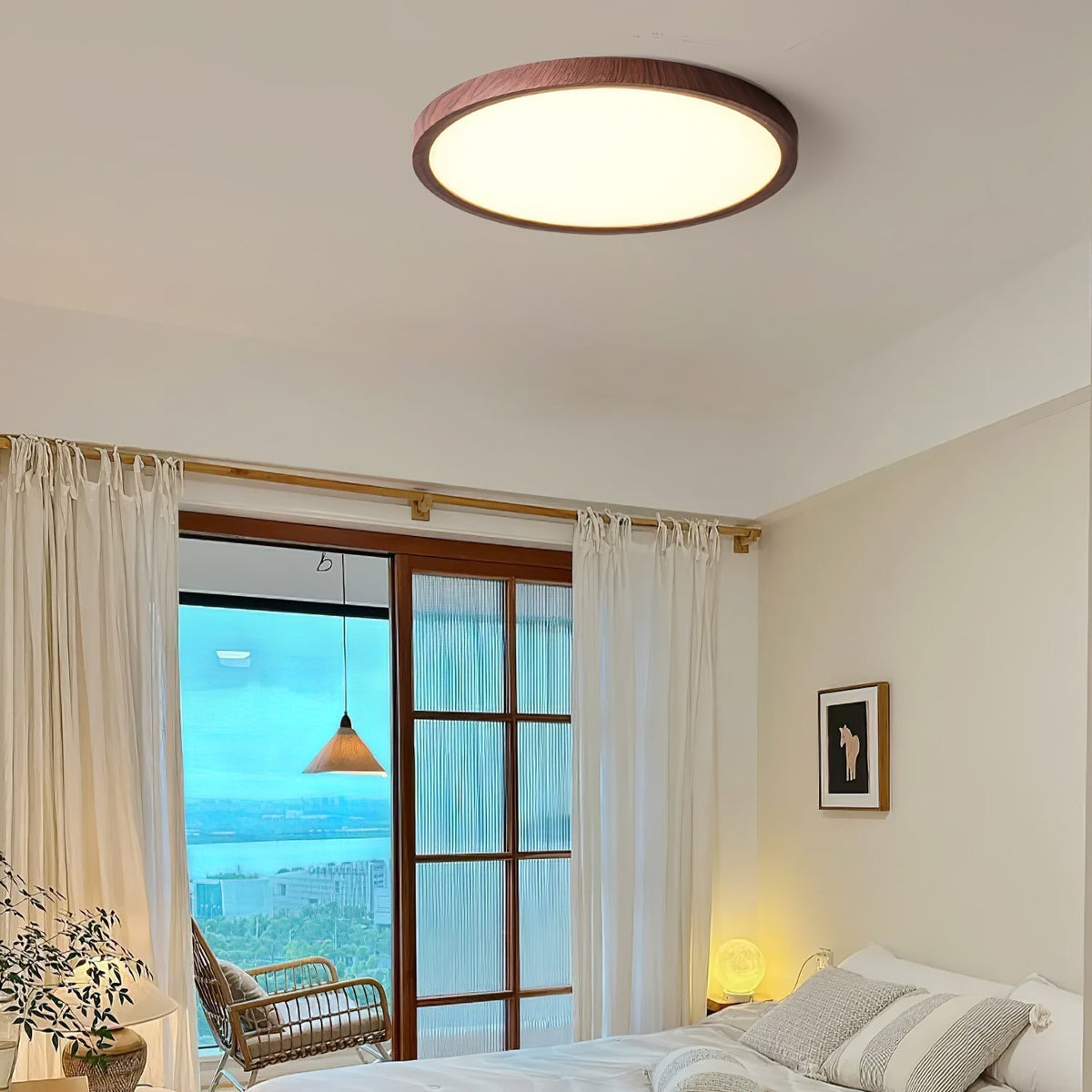 Flush Mount LED Ceiling Light with Wood-Look Finish – Round Ultra-Slim Panel for Bedroom, Living Room, Kitchen | Lonoma