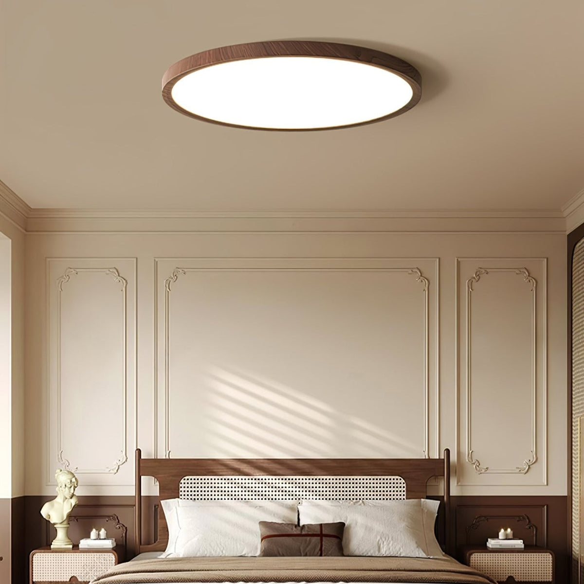 Flush Mount LED Ceiling Light with Wood-Look Finish – Round Ultra-Slim Panel for Bedroom, Living Room, Kitchen | Lonoma