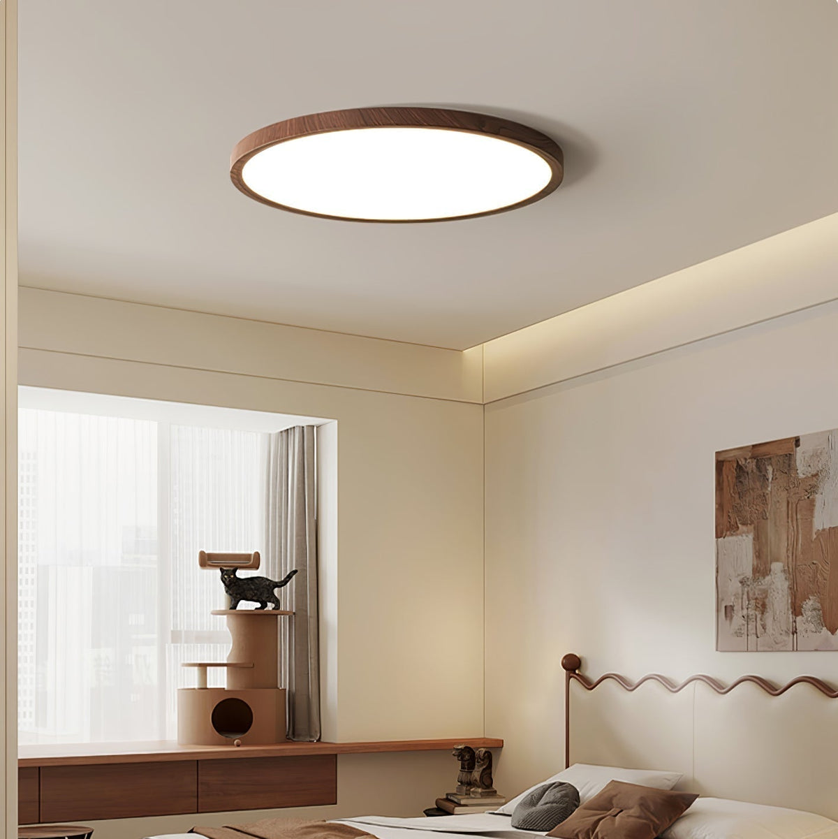 Flush Mount LED Ceiling Light with Wood-Look Finish – Round Ultra-Slim Panel for Bedroom, Living Room, Kitchen | Lonoma