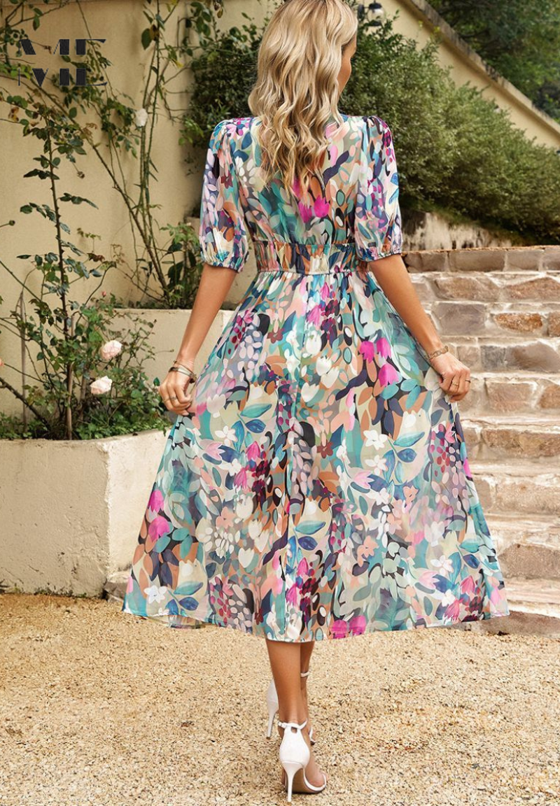 Women's V-Neck Floral Midi Dress in Vibrant Summer Prints | Elegant Garden Party Dress | Lightweight Flowing Dress for Warm Weather | Koossa