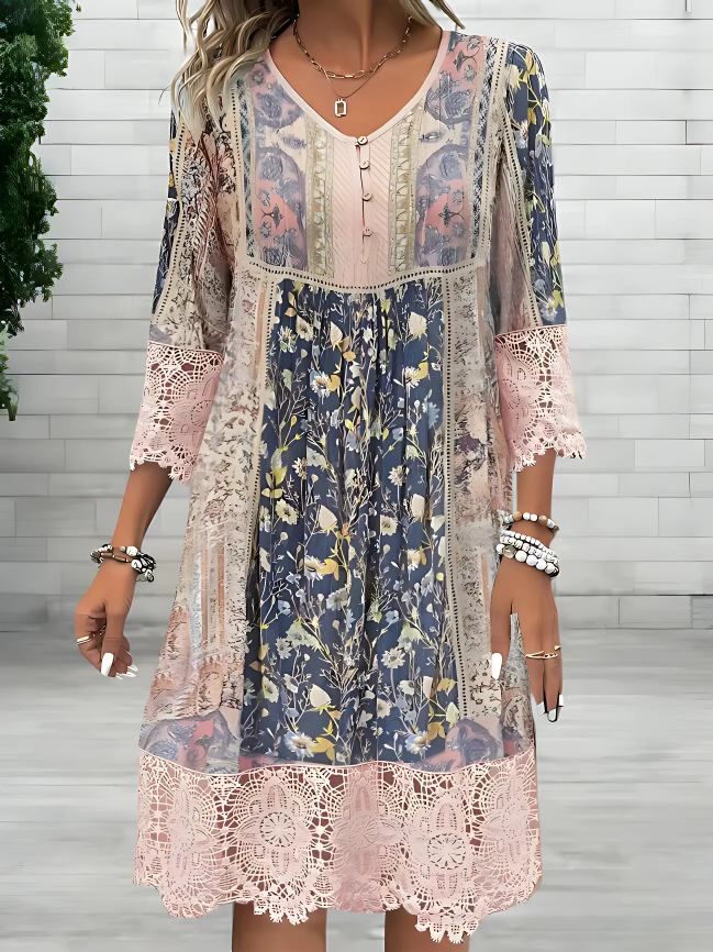 Women's Printed V-Neck Midi Dress in White with Bohemian Detailing for Effortless Summer Elegance | Koossa