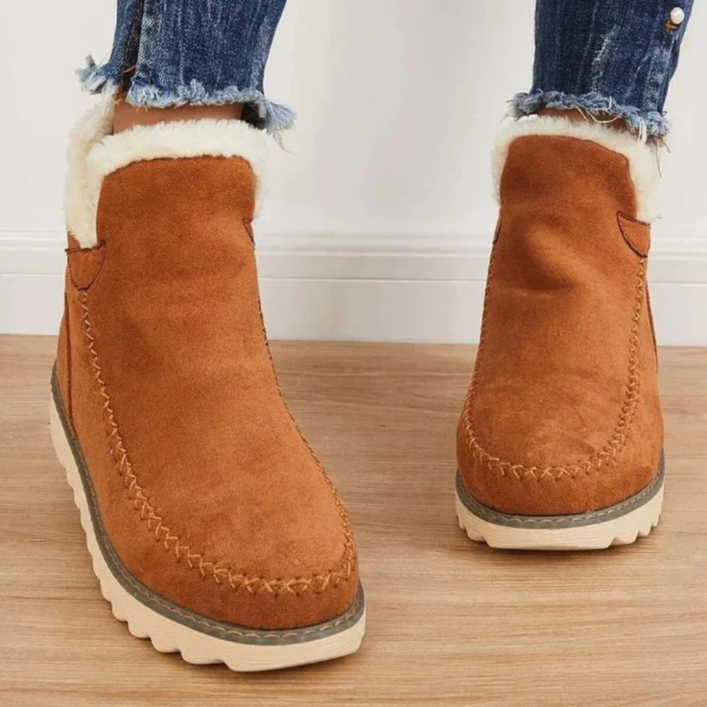 Faux-Suede Slip-On Ankle Boots in Beige, Black & Brown with Fur Lining for Winter Warmth | Koossa