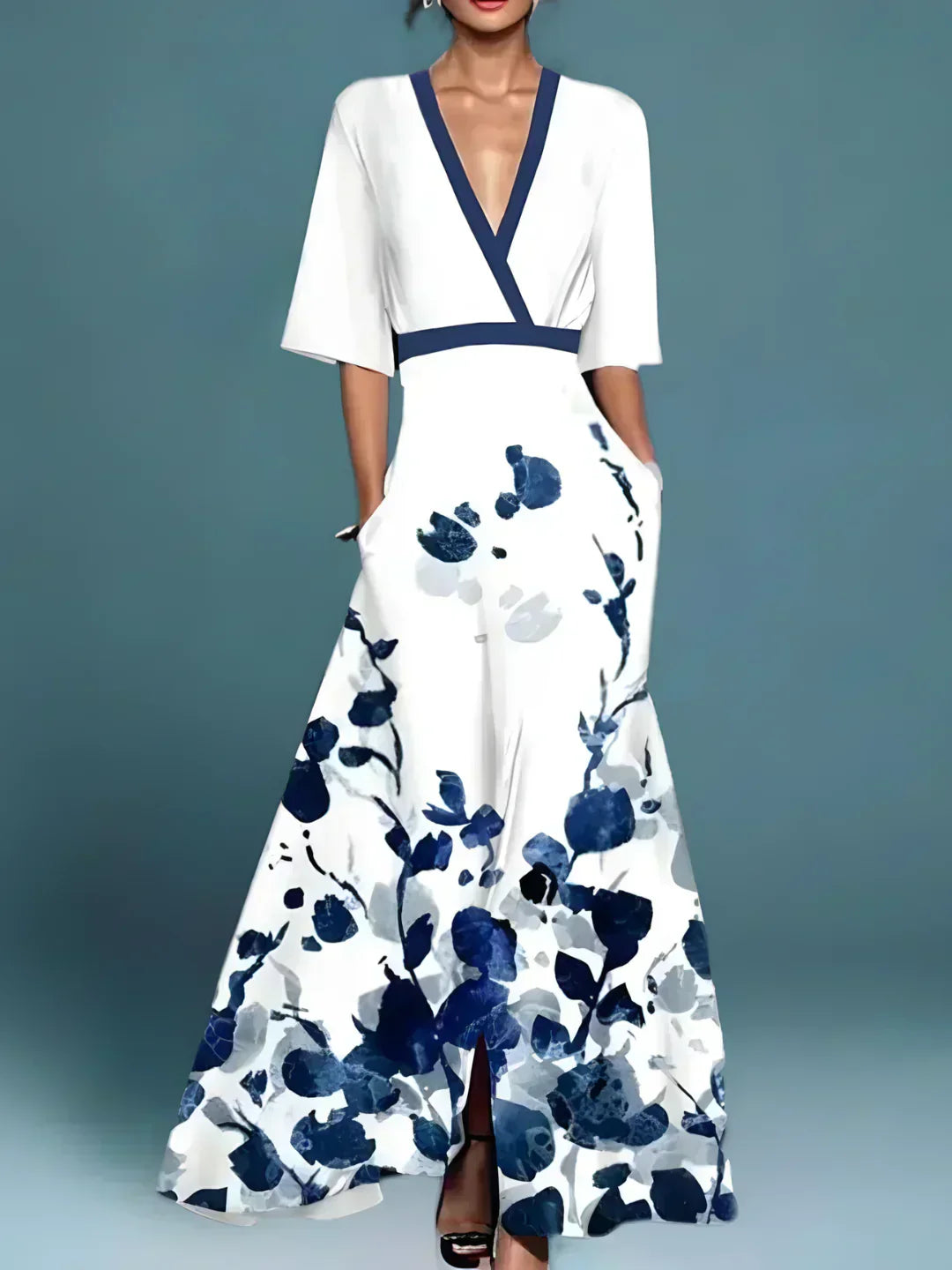 Women's Floral V-Neck Midi Dress in Soft Cotton Blend for Garden Parties, Luncheons, and Summer Gatherings | Koossa