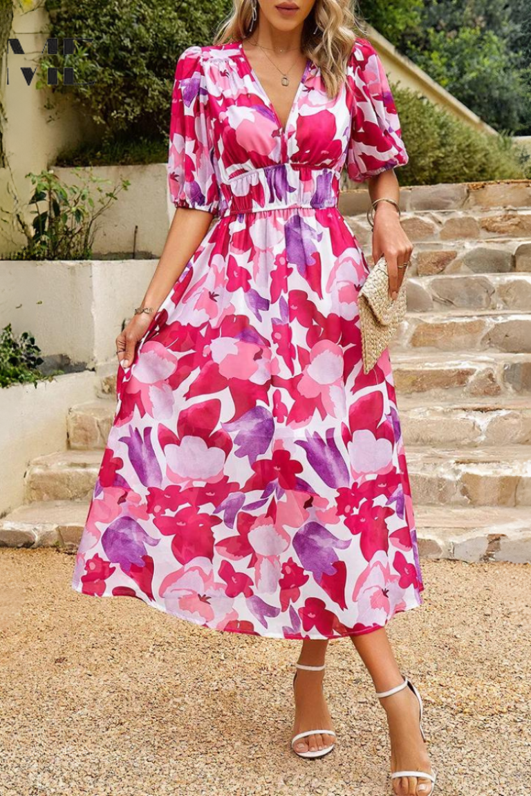 Floral Midi Dress with Puff Sleeves and Gathered Waist for Garden Parties and Summer Weddings | Koossa