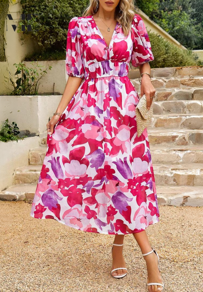 Women's V-Neck Floral Midi Dress in Vibrant Summer Prints | Elegant Garden Party Dress | Lightweight Flowing Dress for Warm Weather | Koossa