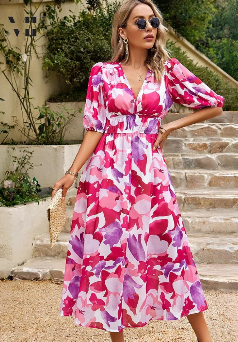 Women's V-Neck Floral Midi Dress in Vibrant Summer Prints | Elegant Garden Party Dress | Lightweight Flowing Dress for Warm Weather | Koossa