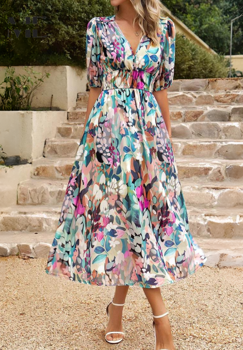 Women's V-Neck Floral Midi Dress in Vibrant Summer Prints | Elegant Garden Party Dress | Lightweight Flowing Dress for Warm Weather | Koossa