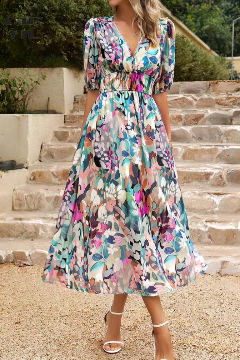 Floral Midi Dress with Puff Sleeves and Gathered Waist for Garden Parties and Summer Weddings | Koossa