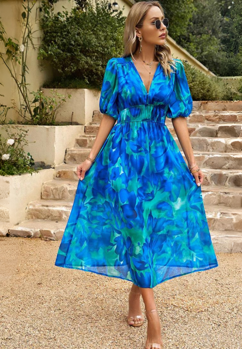 Women's V-Neck Floral Midi Dress in Vibrant Summer Prints | Elegant Garden Party Dress | Lightweight Flowing Dress for Warm Weather | Koossa
