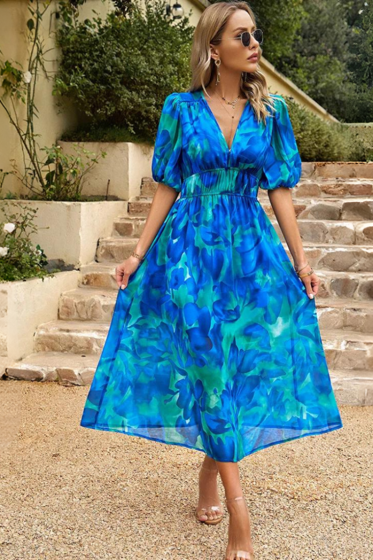Floral Midi Dress with Puff Sleeves and Gathered Waist for Garden Parties and Summer Weddings | Koossa