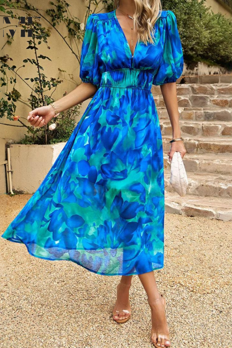 Floral Midi Dress with Puff Sleeves and Gathered Waist for Garden Parties and Summer Weddings | Koossa