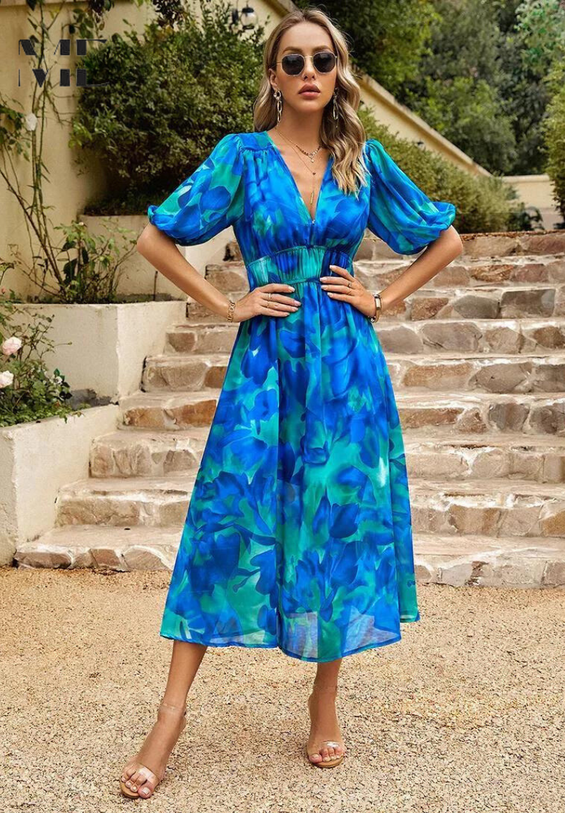Women's V-Neck Floral Midi Dress in Vibrant Summer Prints | Elegant Garden Party Dress | Lightweight Flowing Dress for Warm Weather | Koossa