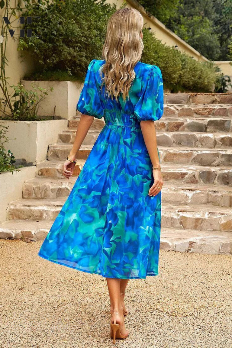 Floral Midi Dress with Puff Sleeves and Gathered Waist for Garden Parties and Summer Weddings | Koossa