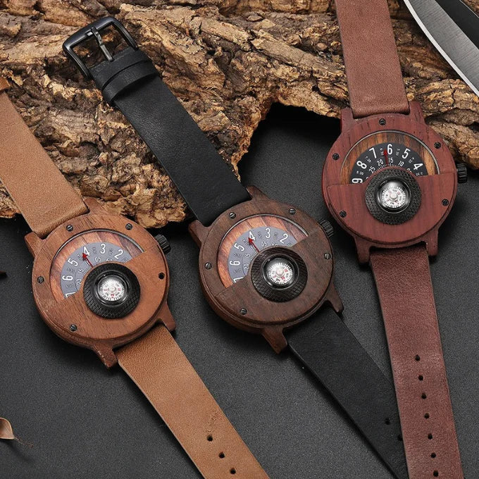 Men's Wooden Watch with Leather Strap — Classic Timepiece with Compass for Everyday Elegance | Koossa