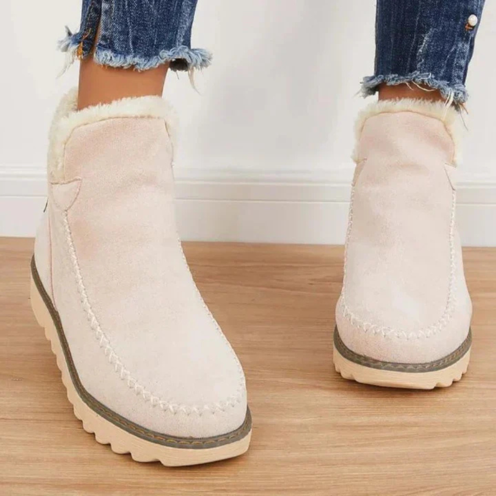 Faux-Suede Slip-On Ankle Boots in Beige, Black & Brown with Fur Lining for Winter Warmth | Koossa