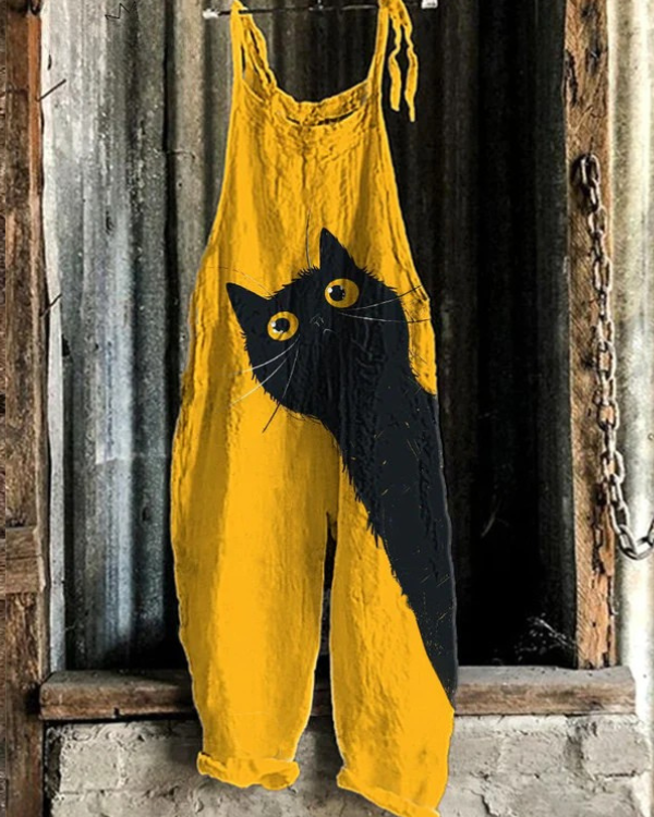 Women's Lightweight Cat Print Jumpsuit in Yellow – Relaxed Fit One-Piece for Spring and Summer Casual Wear | Koossa