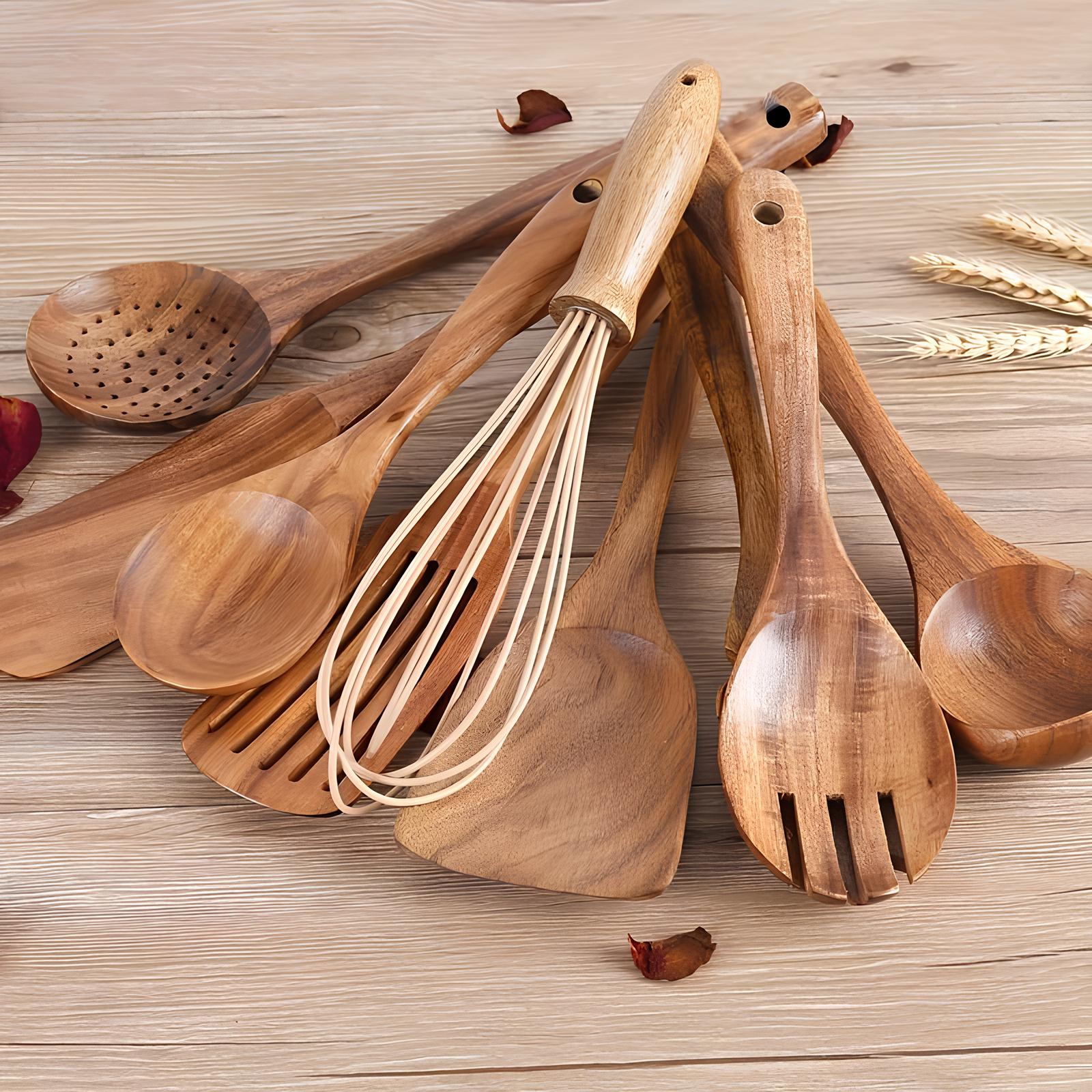 Ensemble de 11 ustensiles de cuisine en teck avec support – Bois naturel durable et résistant pour tous les jours | Koossa