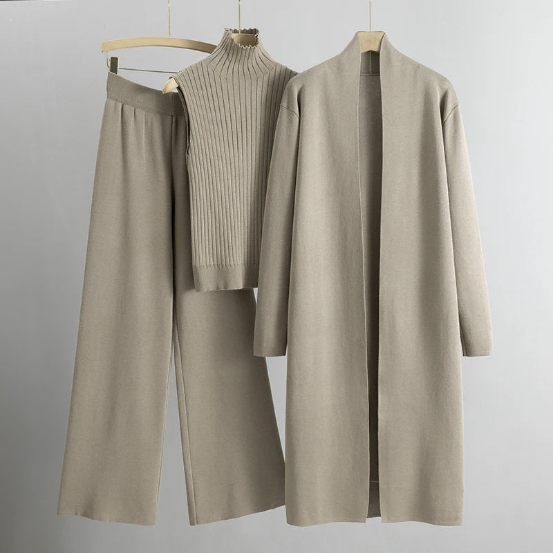 Three-Piece Knitted Co-ord Set — Cardigan, Sleeveless Top & Wide-Leg Trousers in Soft Ribbed Viscose Blend for Effortless Layered Elegance | Koossa