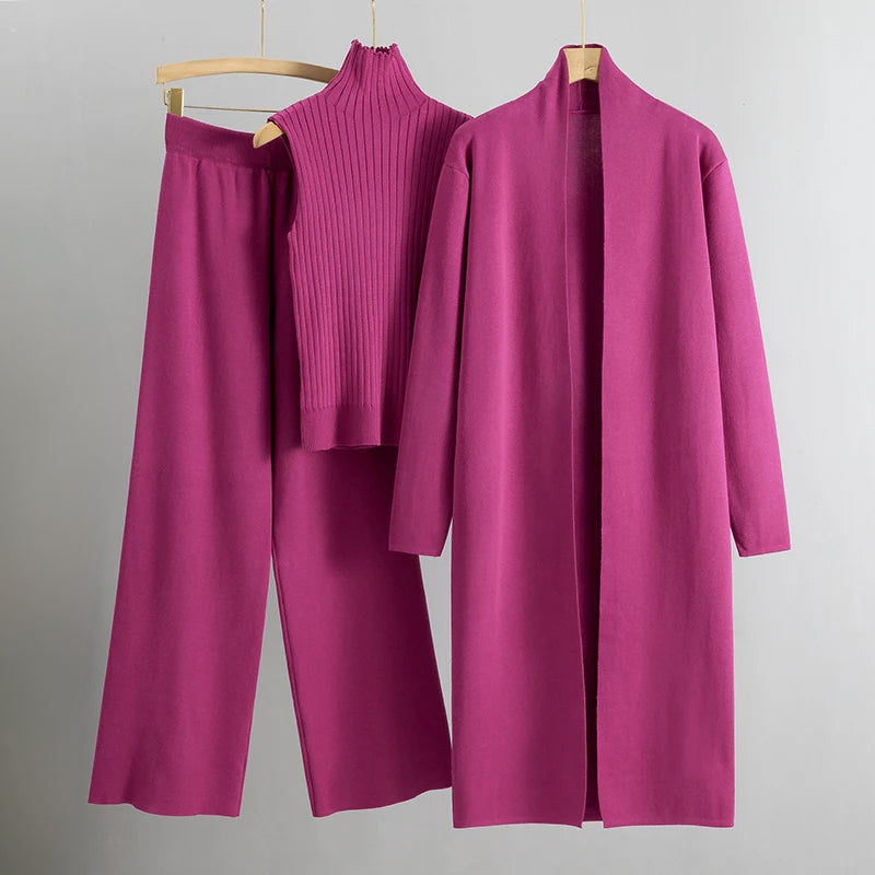 Three-Piece Knitted Co-ord Set — Cardigan, Sleeveless Top & Wide-Leg Trousers in Soft Ribbed Viscose Blend for Effortless Layered Elegance | Koossa