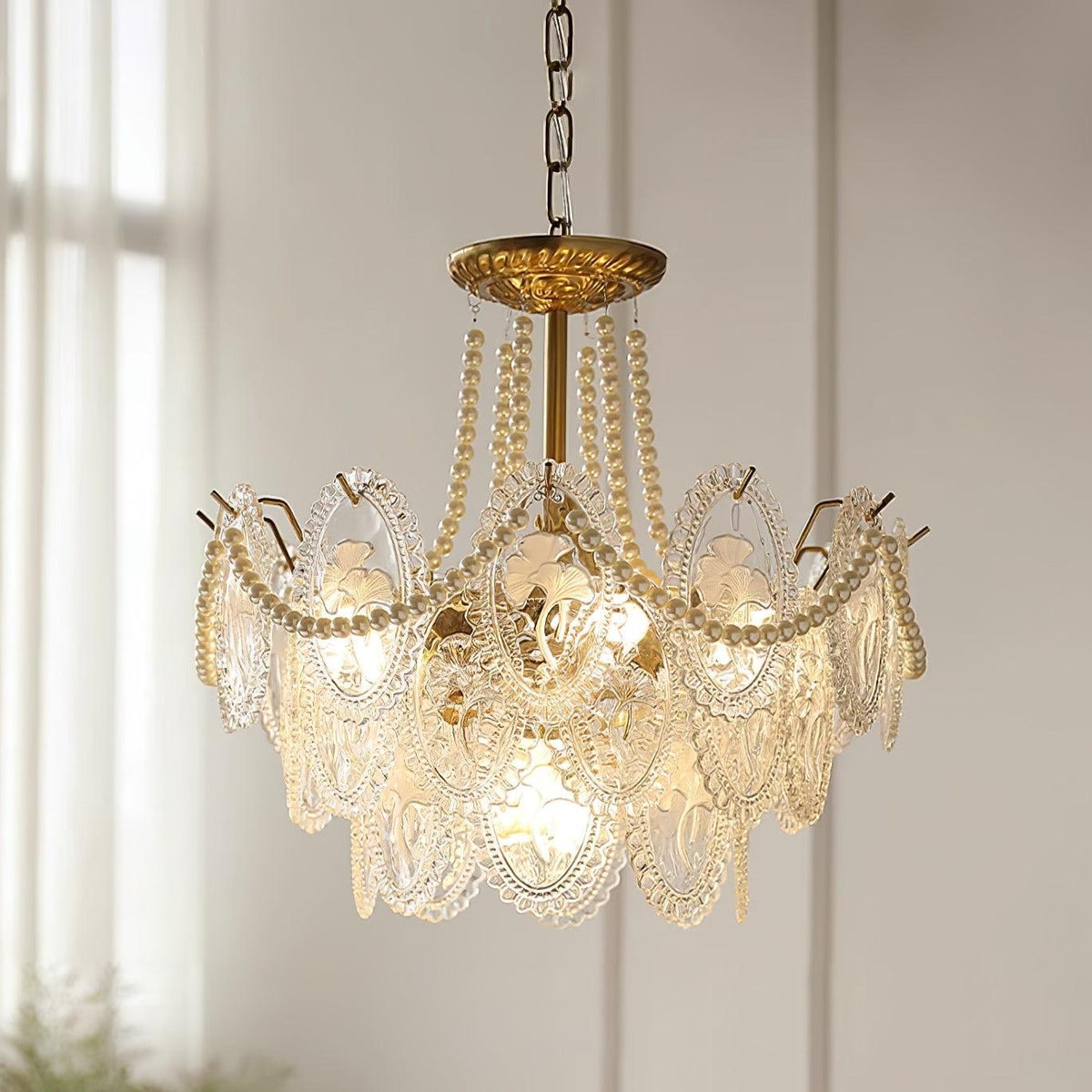 Pearl Glass Tiered Chandelier Gold Metal Frame Multi-Layer Pendant Light for Dining Room Bedroom Living Room Modern Luxe Ceiling Fixture | Lonoma