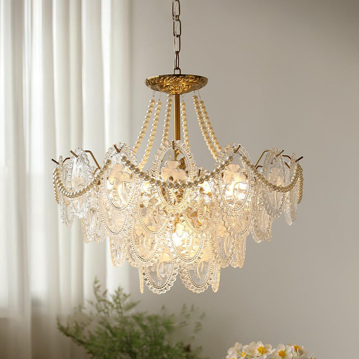 Pearl Glass Tiered Chandelier Gold Metal Frame Multi-Layer Pendant Light for Dining Room Bedroom Living Room Modern Luxe Ceiling Fixture | Lonoma