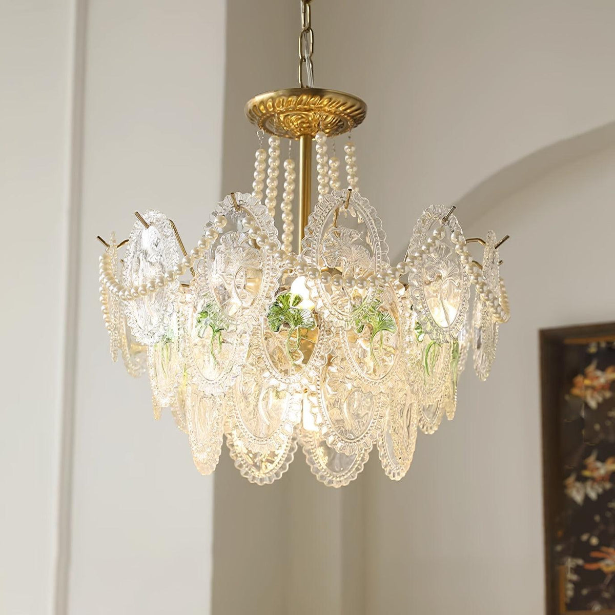 Pearl Glass Tiered Chandelier Gold Metal Frame Multi-Layer Pendant Light for Dining Room Bedroom Living Room Modern Luxe Ceiling Fixture | Lonoma