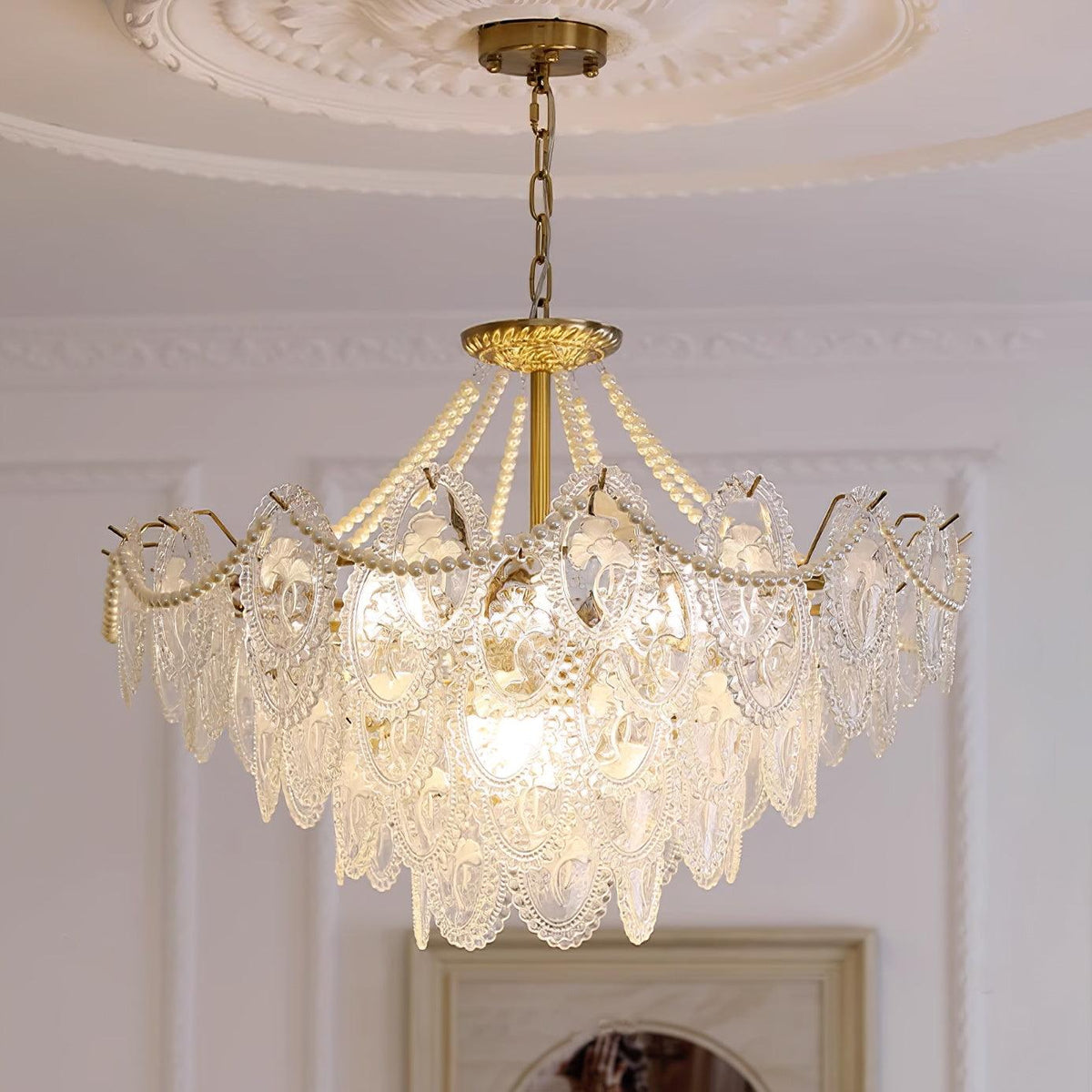 Pearl Glass Tiered Chandelier Gold Metal Frame Multi-Layer Pendant Light for Dining Room Bedroom Living Room Modern Luxe Ceiling Fixture | Lonoma
