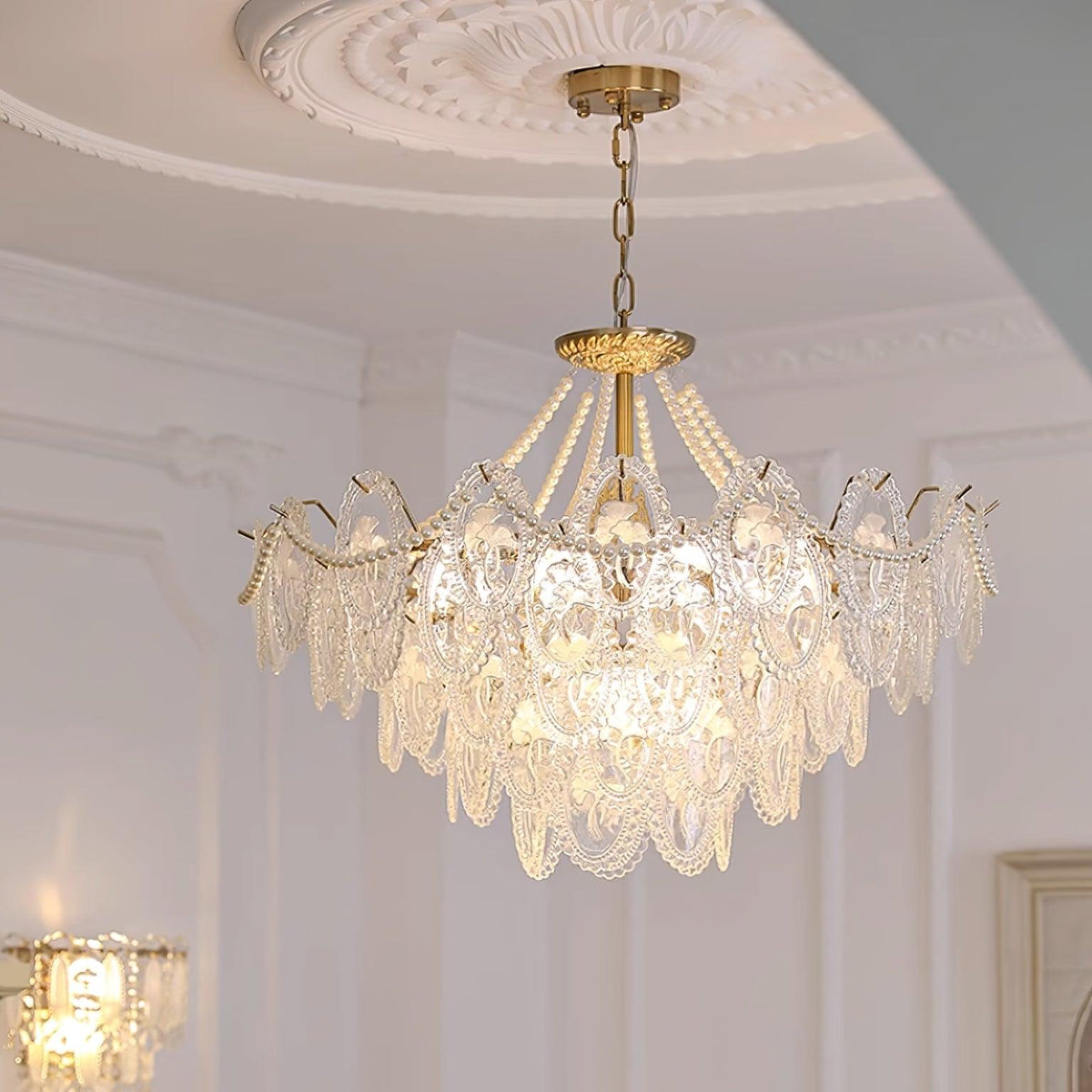 Pearl Glass Tiered Chandelier Gold Metal Frame Multi-Layer Pendant Light for Dining Room Bedroom Living Room Modern Luxe Ceiling Fixture | Lonoma