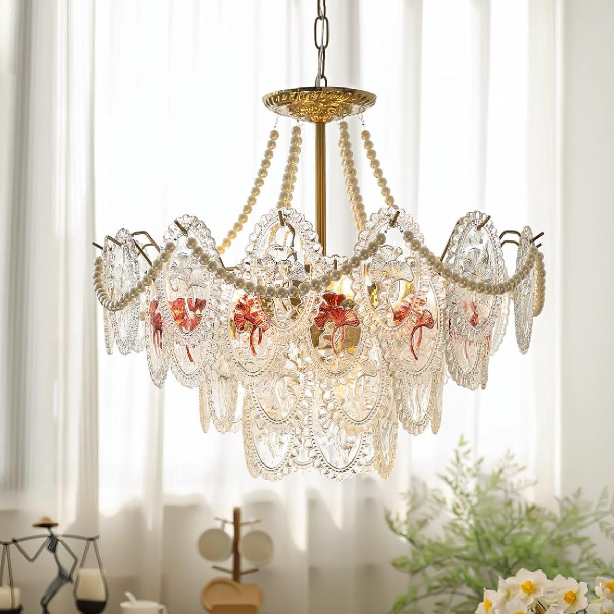 Pearl Glass Tiered Chandelier Gold Metal Frame Multi-Layer Pendant Light for Dining Room Bedroom Living Room Modern Luxe Ceiling Fixture | Lonoma