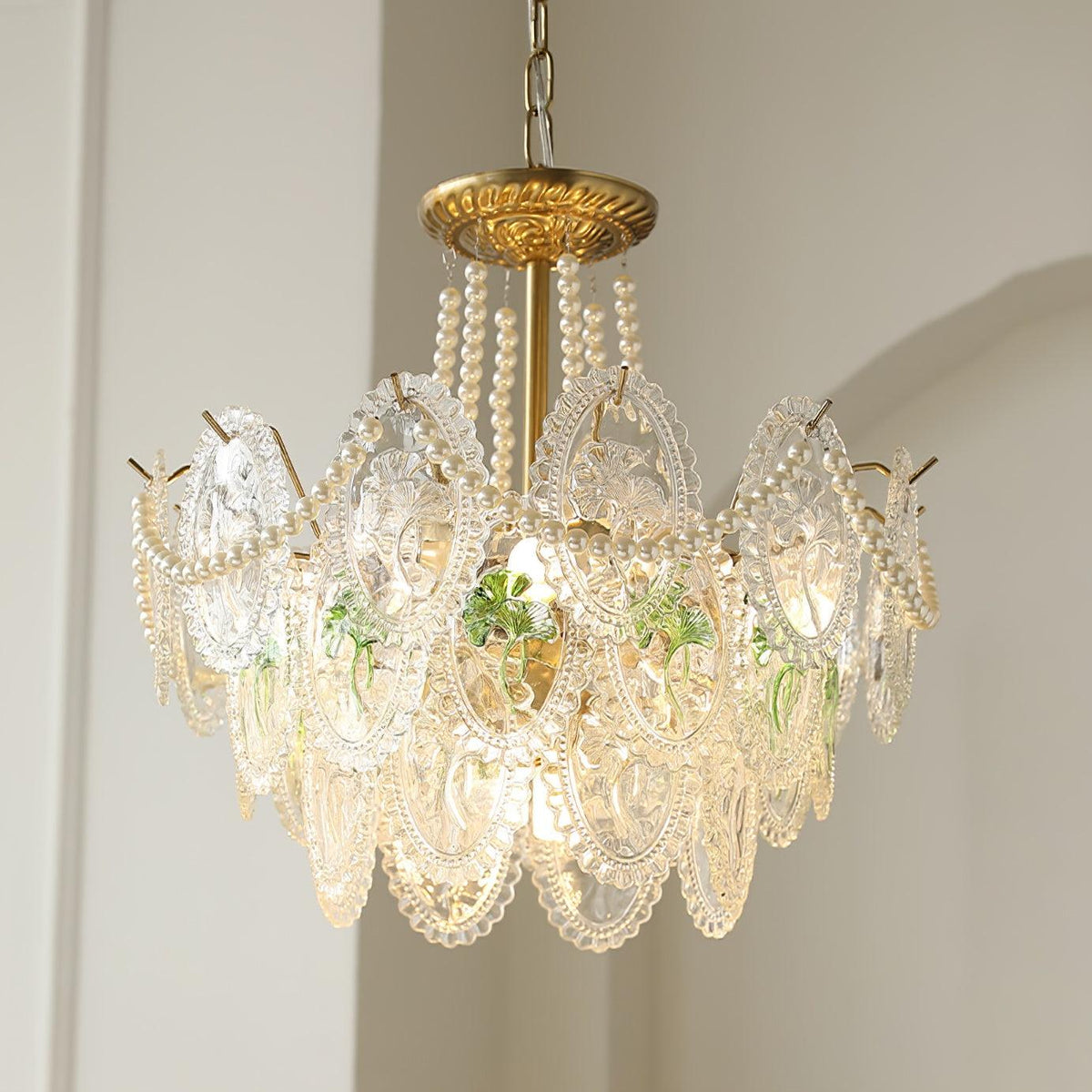 Pearl Glass Tiered Chandelier Gold Metal Frame Multi-Layer Pendant Light for Dining Room Bedroom Living Room Modern Luxe Ceiling Fixture | Lonoma
