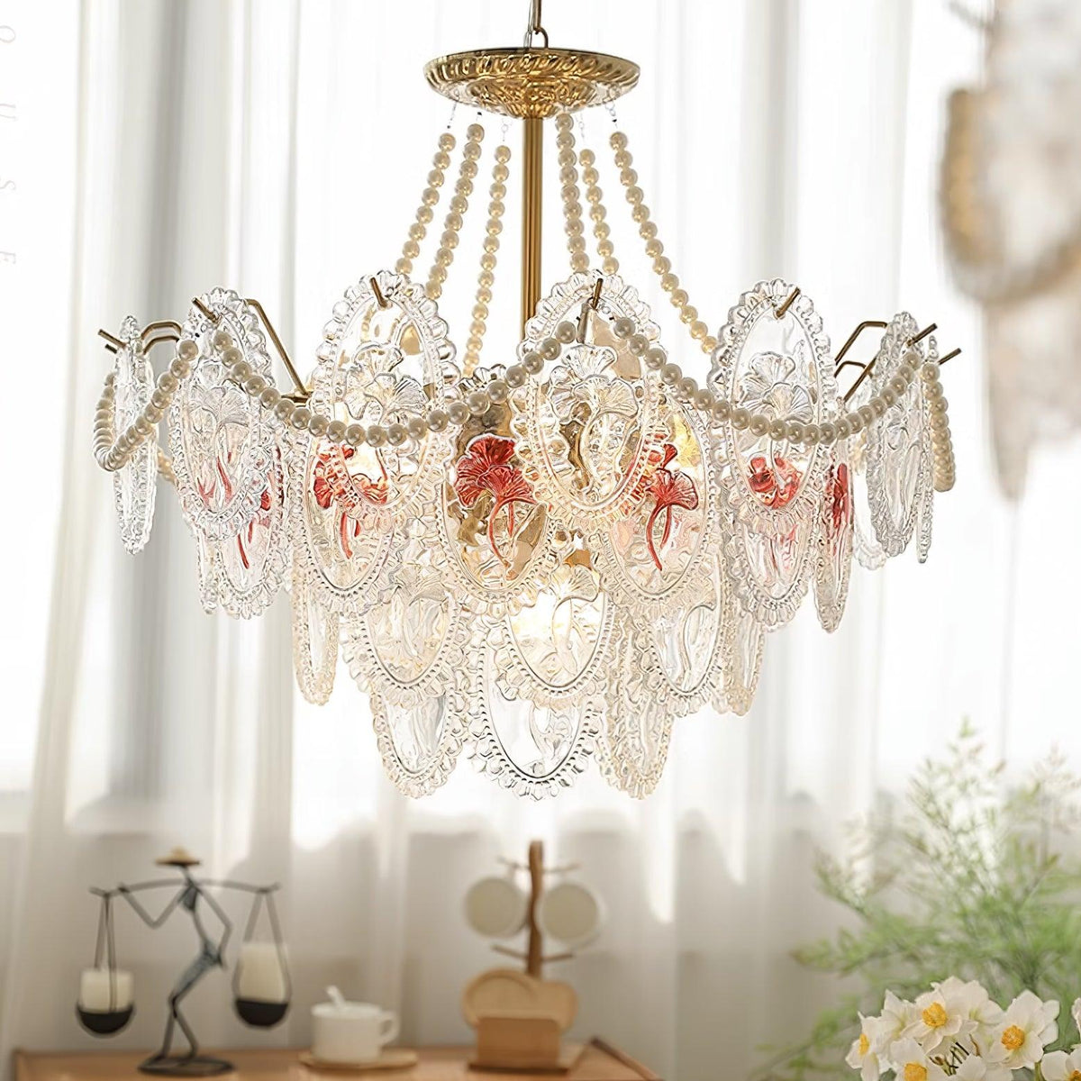 Pearl Glass Tiered Chandelier Gold Metal Frame Multi-Layer Pendant Light for Dining Room Bedroom Living Room Modern Luxe Ceiling Fixture | Lonoma