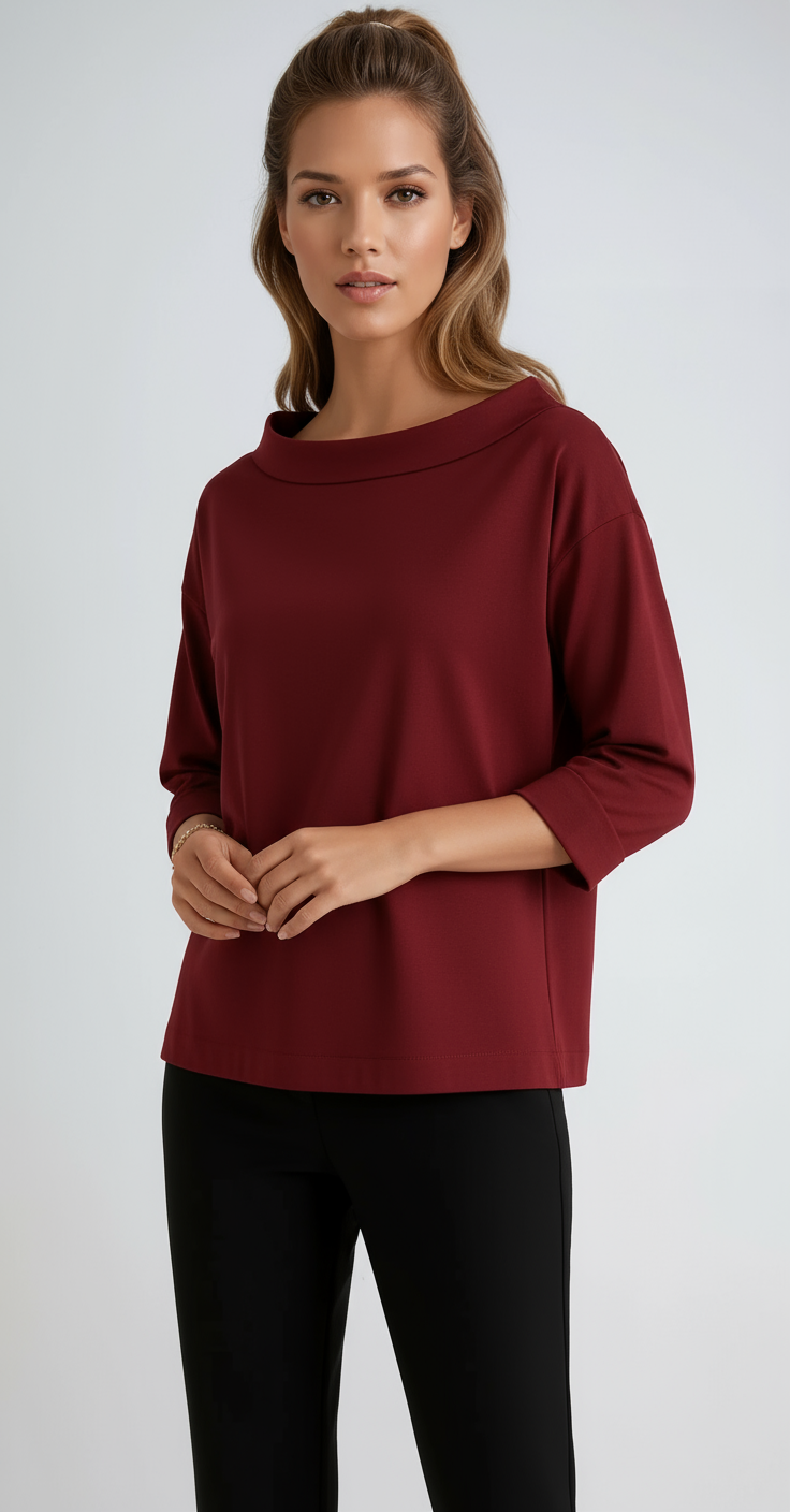 Women's Cotton Boat Neck Top with Three-Quarter Sleeves in Seven Classic Colours | Koossa