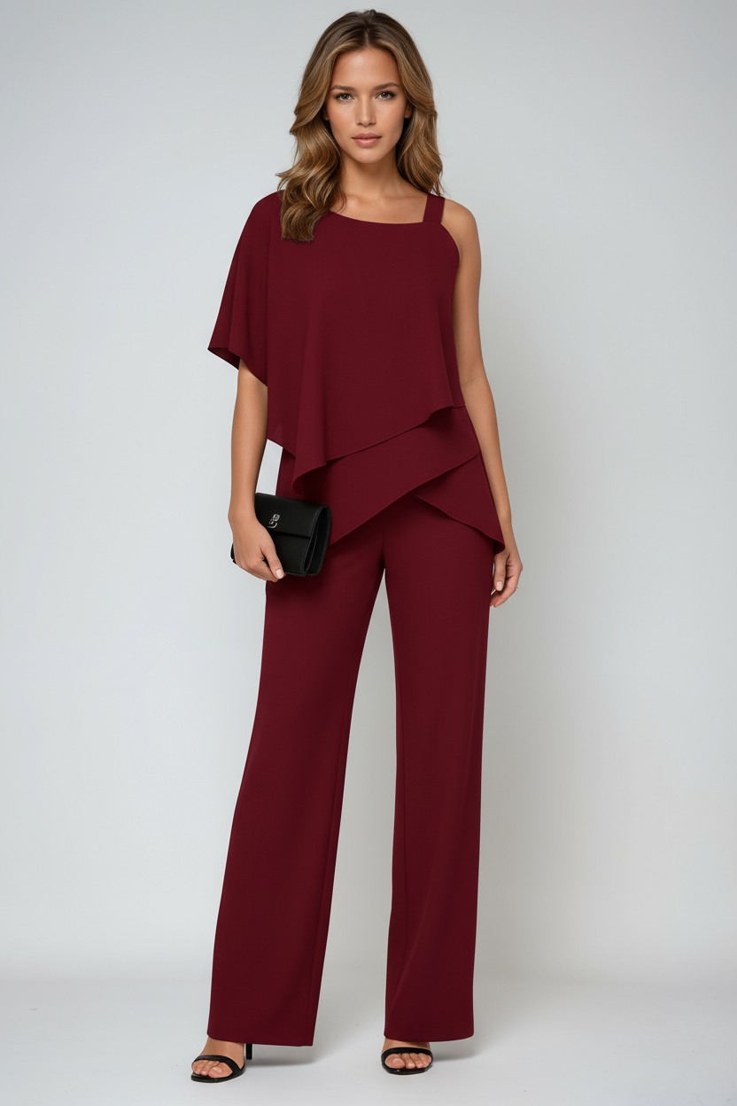 Layered Chiffon Top and Wide-Leg Trousers Co-ord Set in Black for Elegant Occasions | summer evening outfit | flowing trousers | asymmetric overlay | square neckline jumpsuit | Koossa