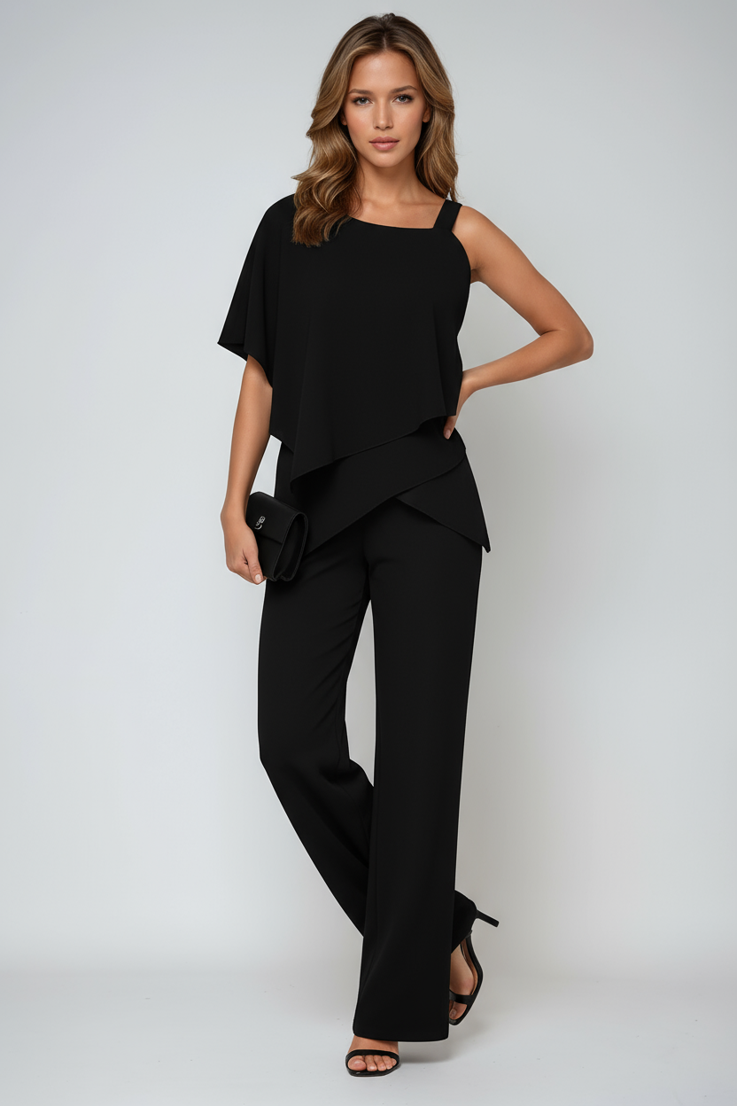 Layered Chiffon Top and Wide-Leg Trousers Co-ord Set in Black for Elegant Occasions | summer evening outfit | flowing trousers | asymmetric overlay | square neckline jumpsuit | Koossa