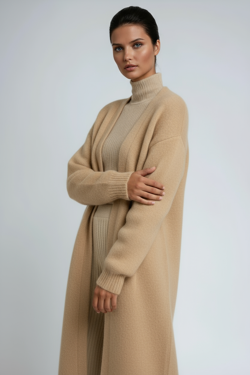 Long Open-Front Cardigan in Brushed Knit – White, Grey, Black, Khaki – Elegant Layering Coat for Transitional Weather | Koossa