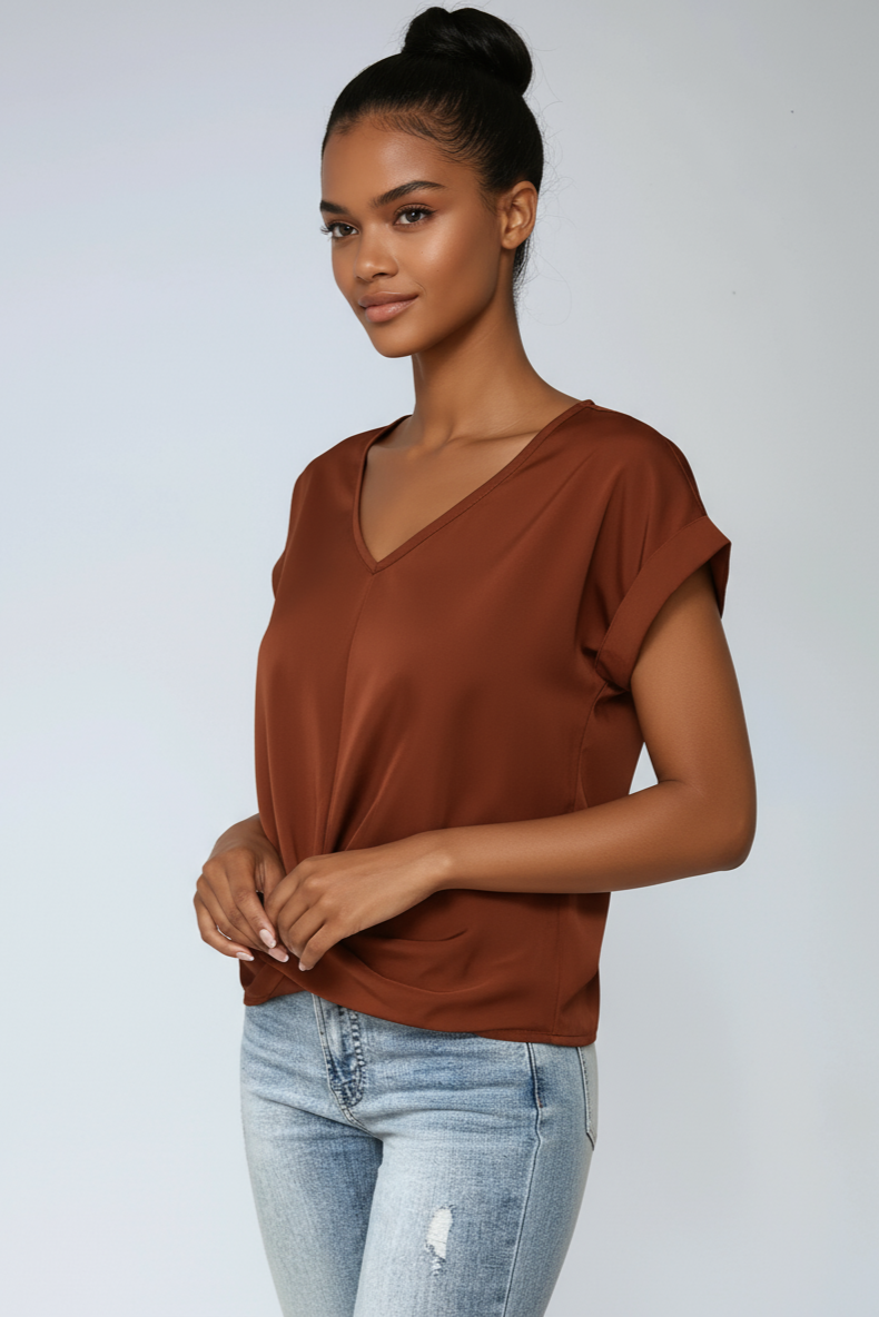 Black Satin V-Neck Blouse with Rolled Sleeves for Day and Evening Wear | Lustrous Drape Blouse | Versatile Wardrobe Essential | Koossa
