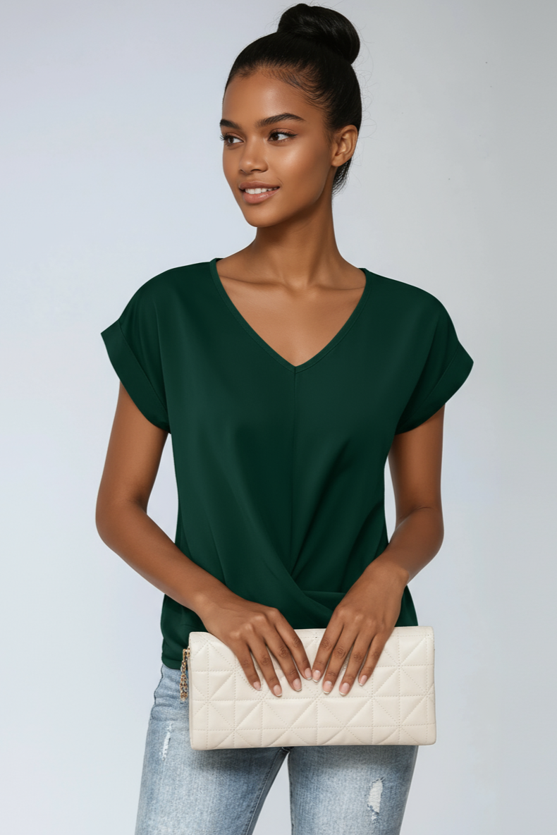 Black Satin V-Neck Blouse with Rolled Sleeves for Day and Evening Wear | Lustrous Drape Blouse | Versatile Wardrobe Essential | Koossa