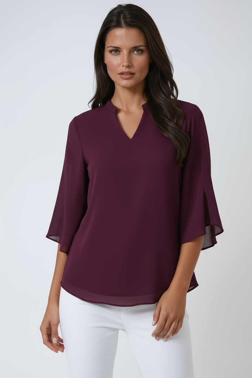Flowing Chiffon V-Neck Blouse with Flutter Sleeves in Six Colours – Lightweight Spring Summer Wardrobe Essential for Women | Koossa