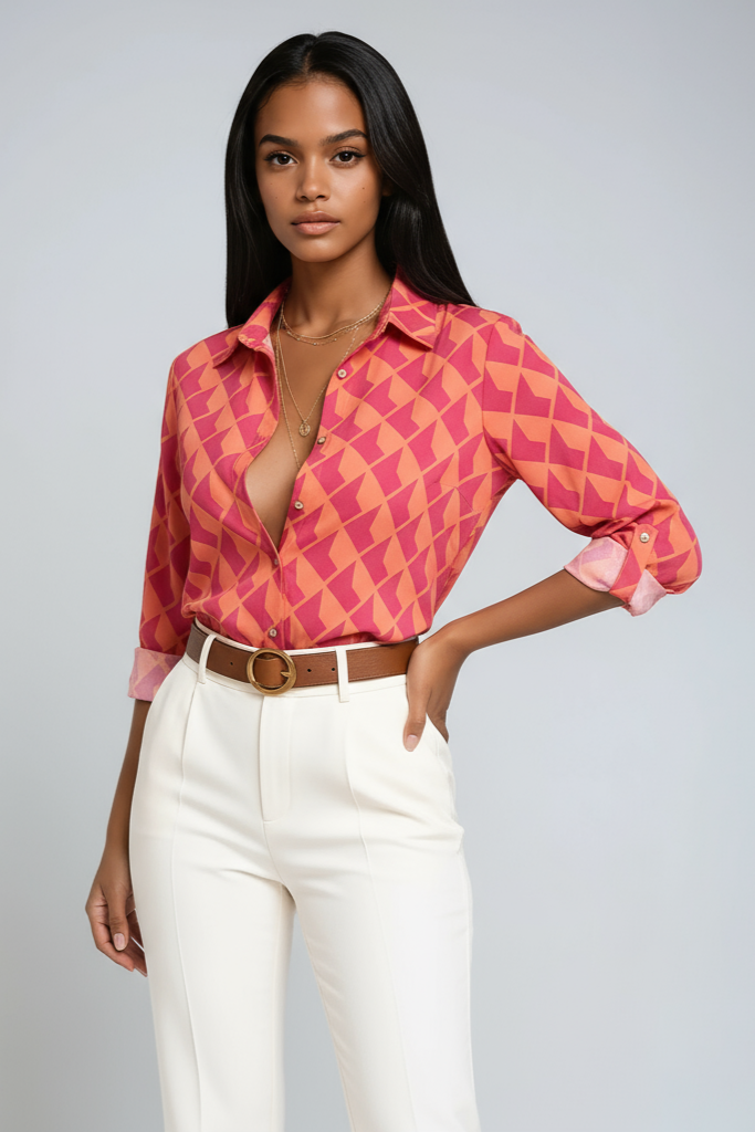 Geometric Print Blouse with Button Front and Three-Quarter Sleeves in Blue | Koossa