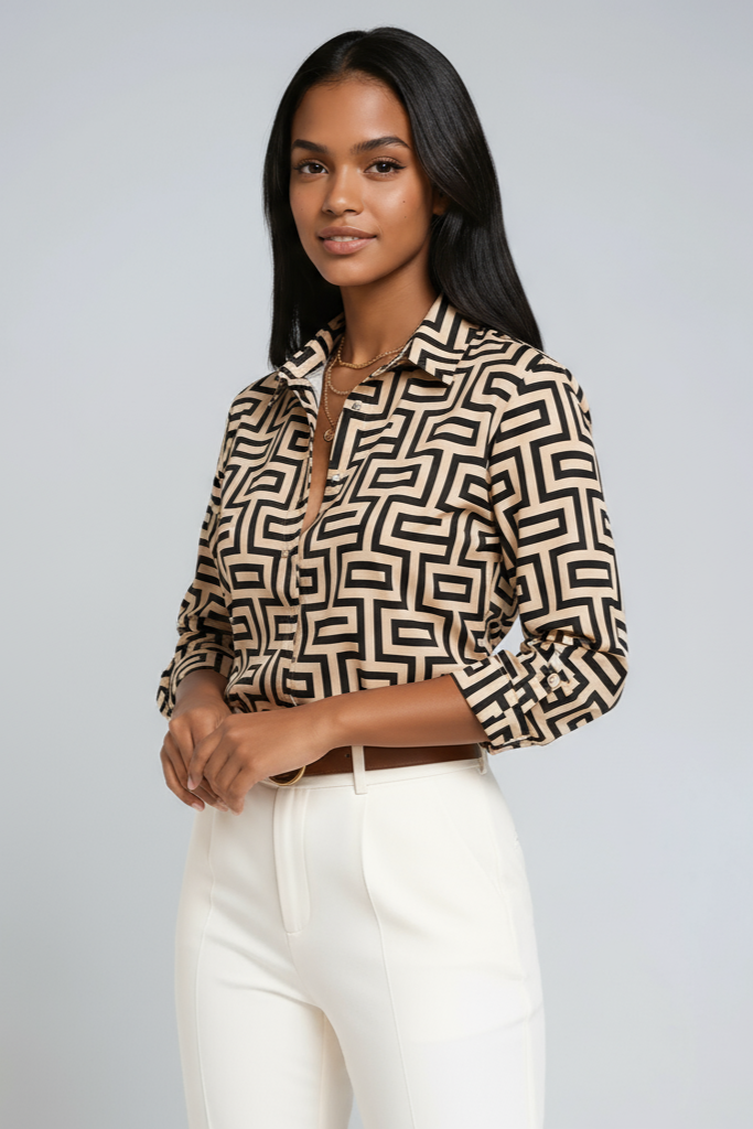 Geometric Print Blouse with Button Front and Three-Quarter Sleeves in Blue | Koossa