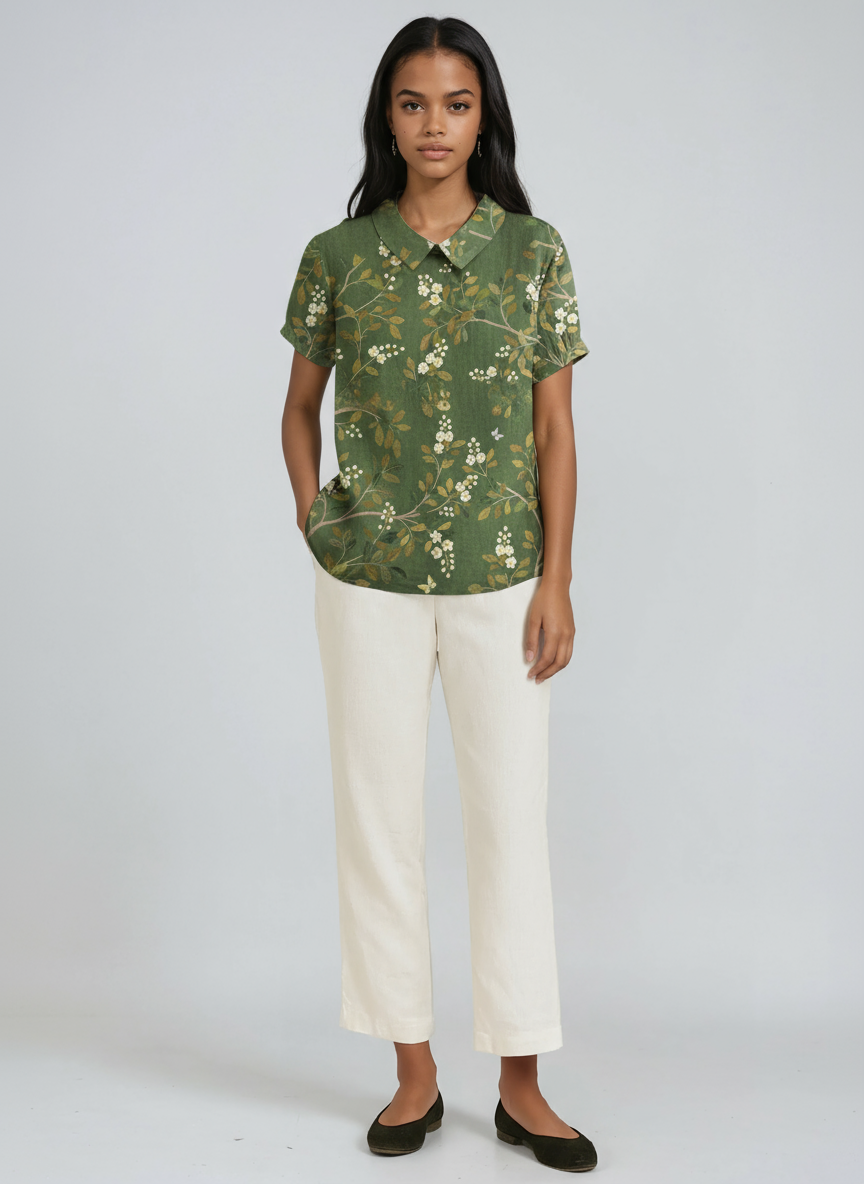 Linen Blouse with Embroidered Flowers and Peter Pan Collar Spring Summer Lightweight Breathable Top | Koossa