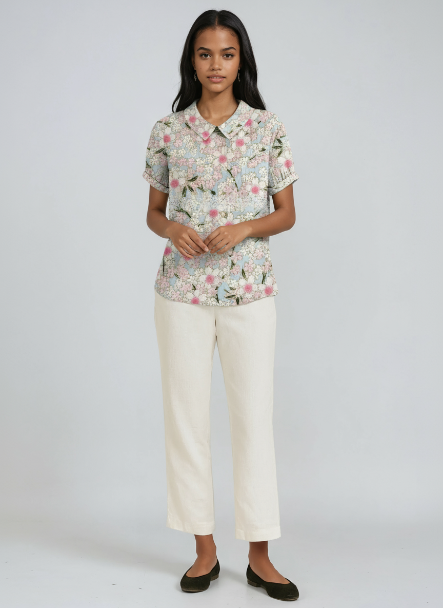 Linen Blouse with Embroidered Flowers and Peter Pan Collar Spring Summer Lightweight Breathable Top | Koossa