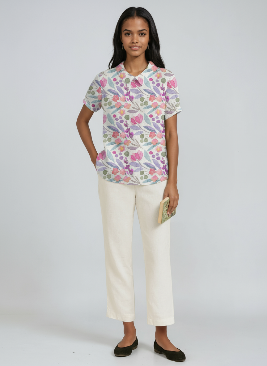 Linen Blouse with Embroidered Flowers and Peter Pan Collar Spring Summer Lightweight Breathable Top | Koossa