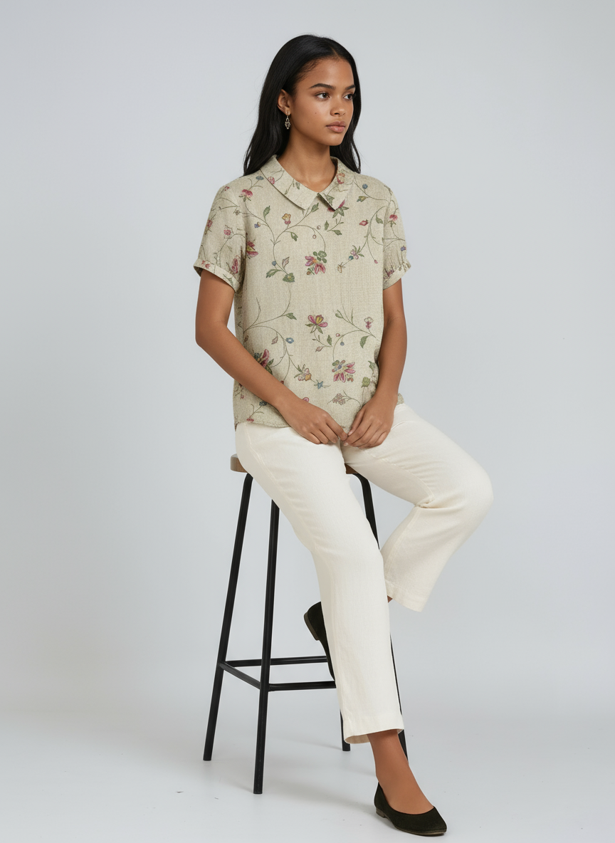 Linen Blouse with Embroidered Flowers and Peter Pan Collar Spring Summer Lightweight Breathable Top | Koossa