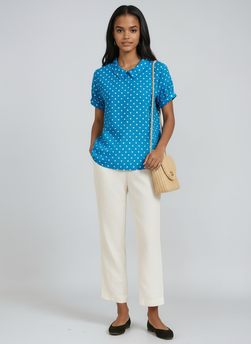 Linen Blouse with Embroidered Flowers and Peter Pan Collar Spring Summer Lightweight Breathable Top | Koossa