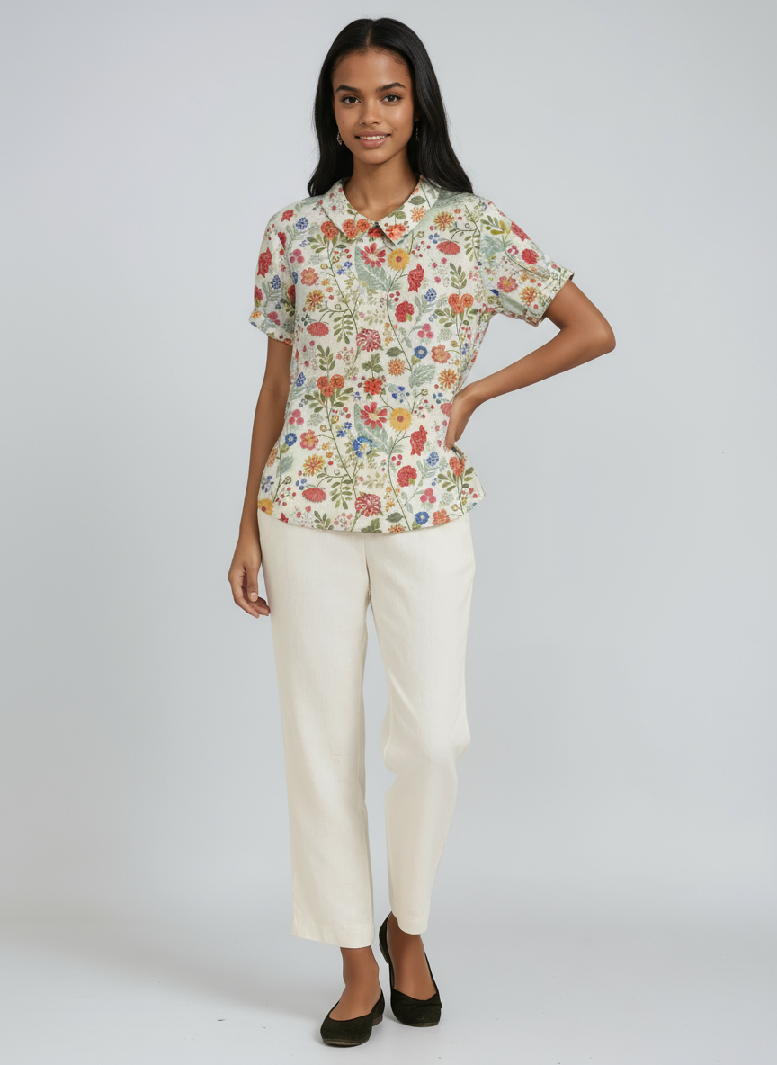 Linen Blouse with Embroidered Flowers and Peter Pan Collar Spring Summer Lightweight Breathable Top | Koossa