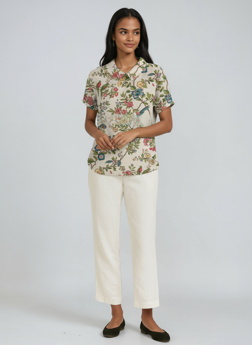 Linen Blouse with Embroidered Flowers and Peter Pan Collar Spring Summer Lightweight Breathable Top | Koossa